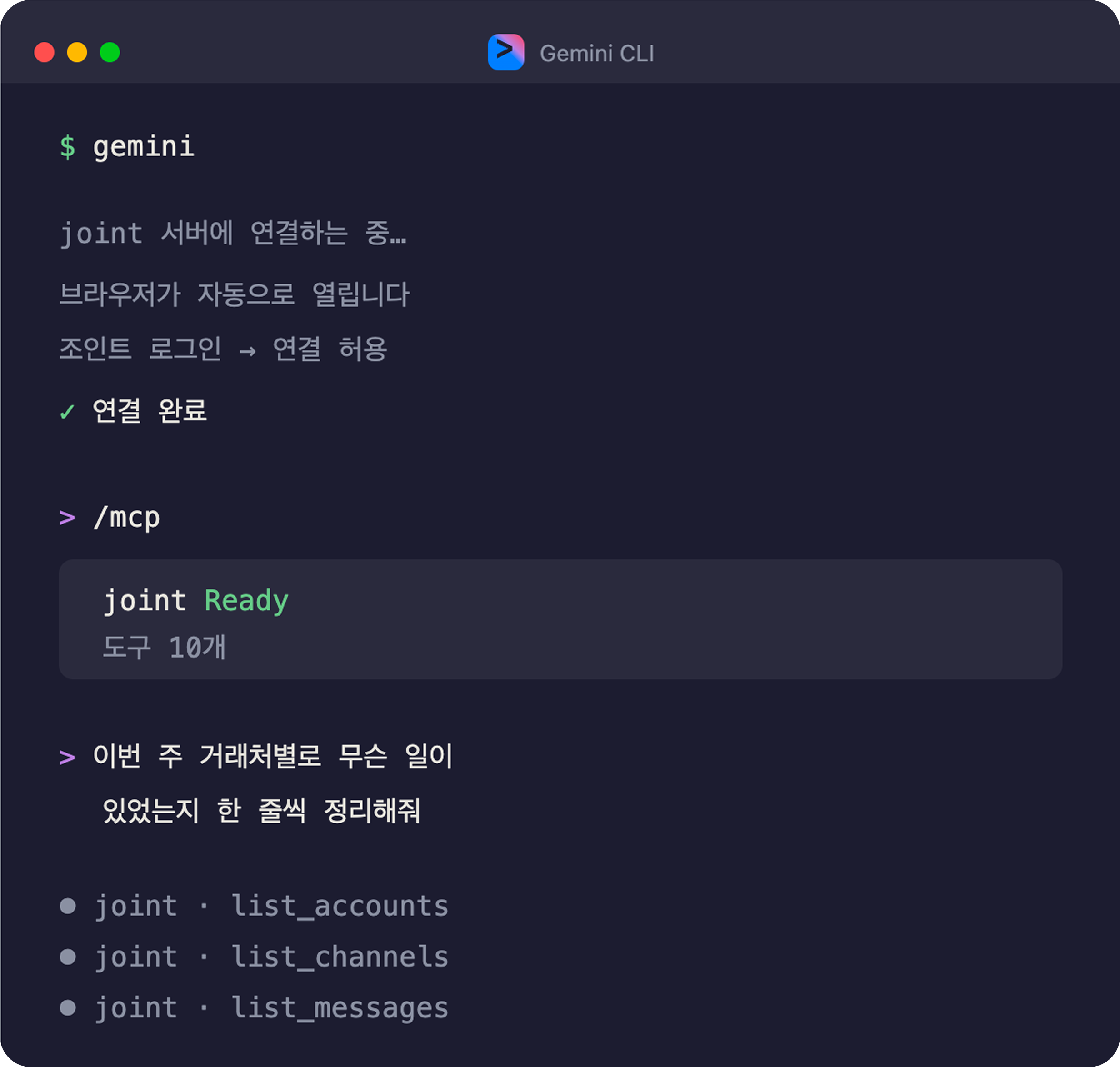 Gemini CLI에서 인증 후 상태를 확인하고 질문하는 화면