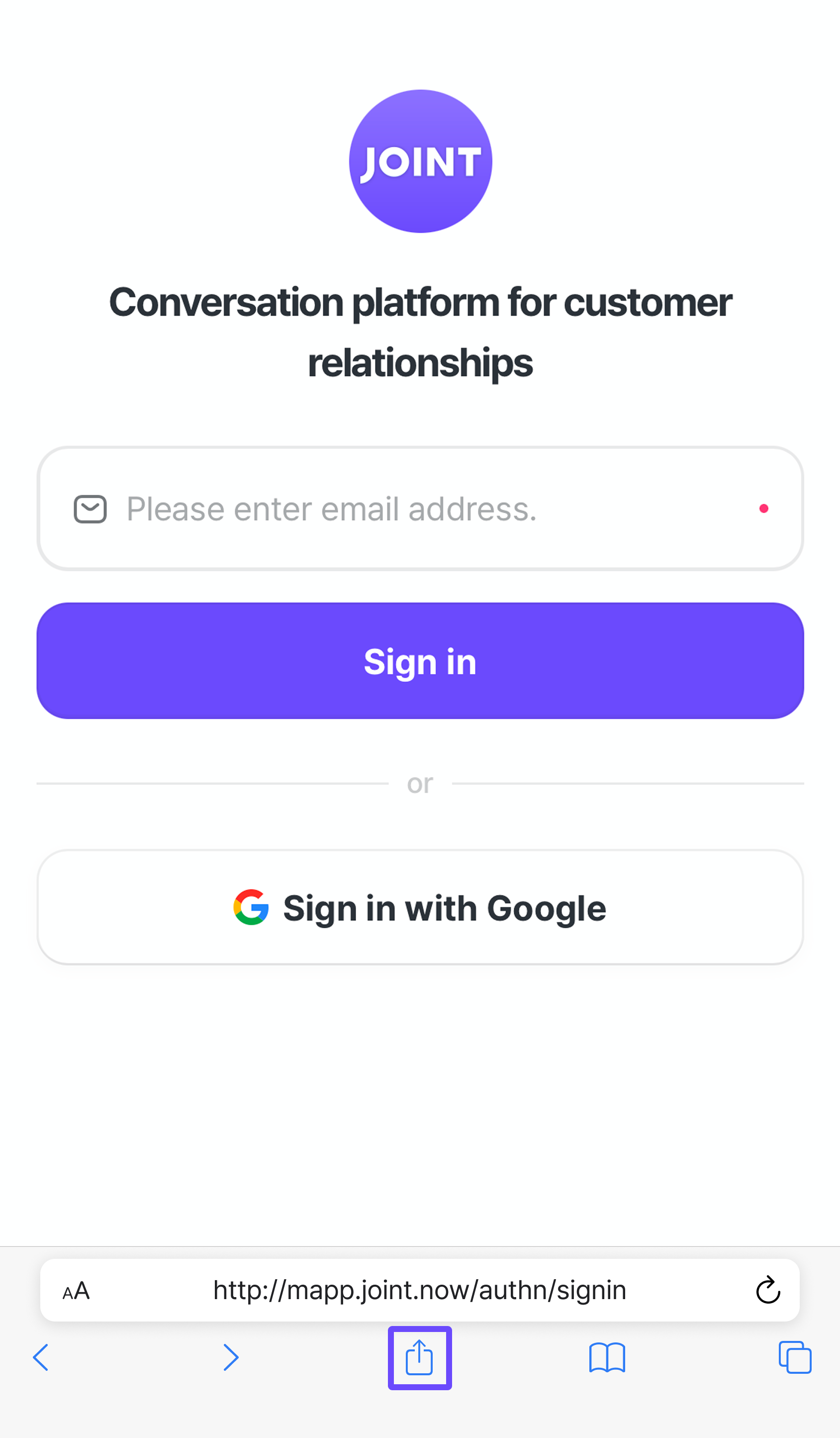 Opening mobile Joint in Safari.