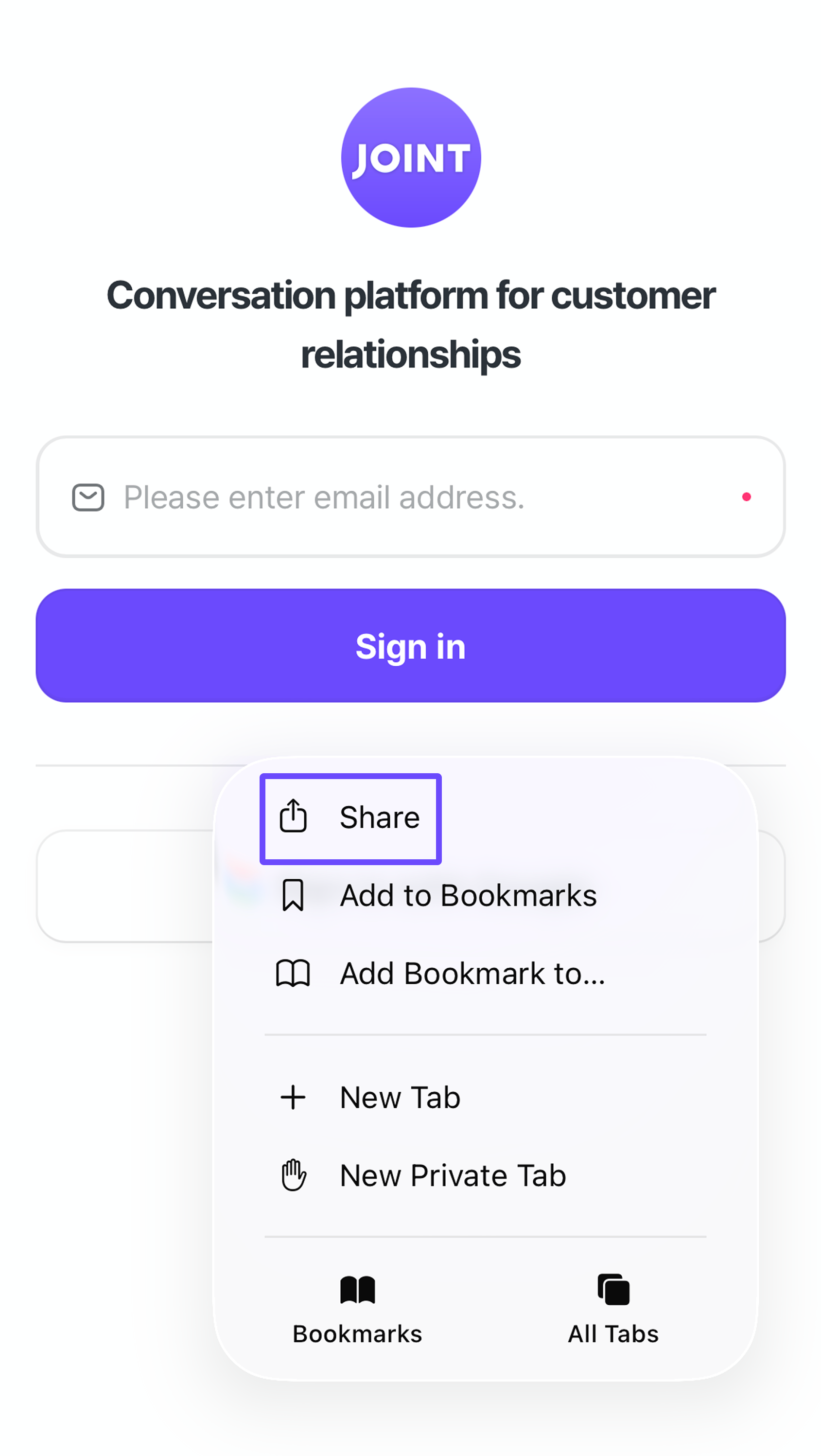 The Share button at the bottom of Safari.