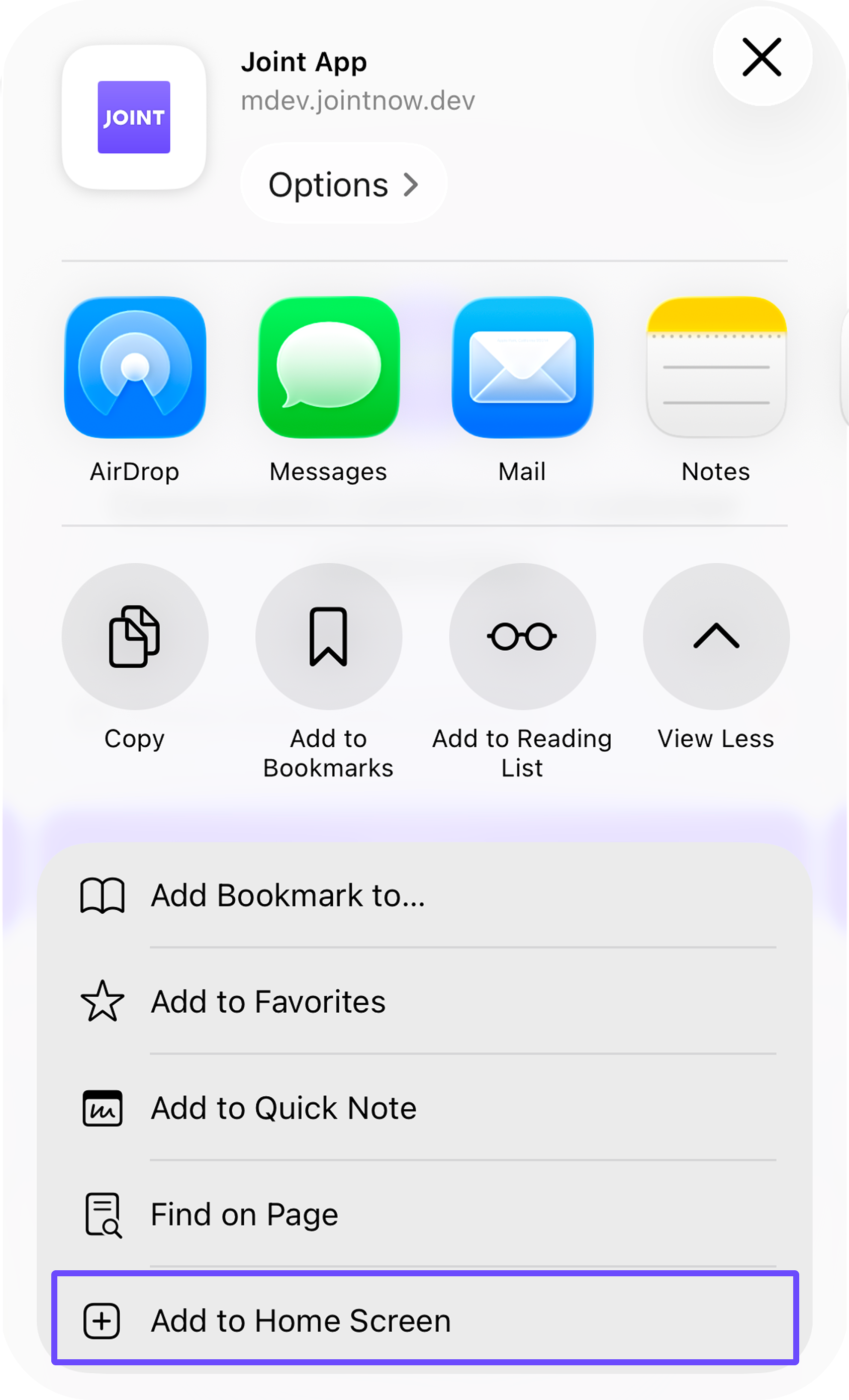 Choosing Add to Home Screen from the share menu.