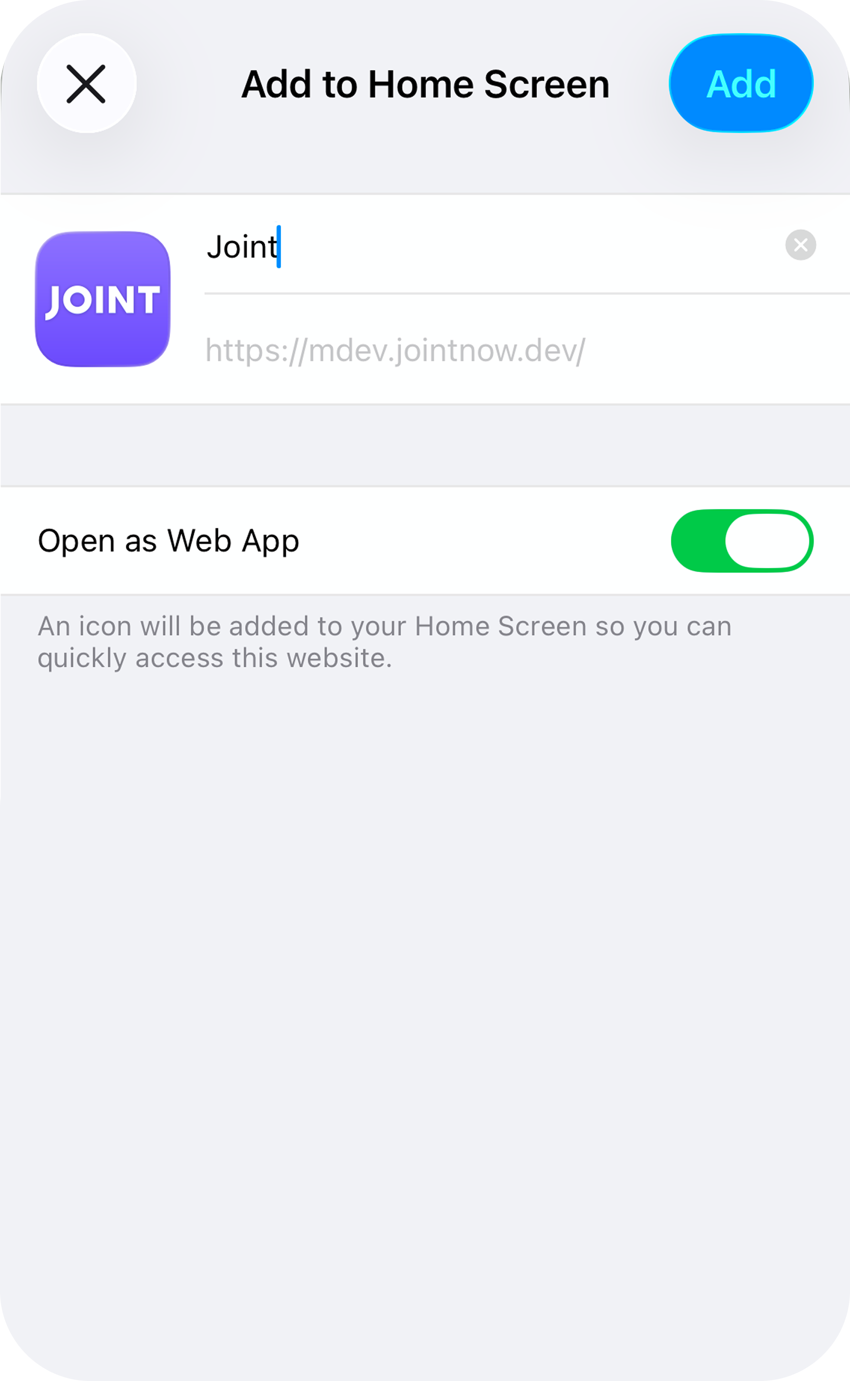 Tapping Add in the Add to Home Screen dialog.
