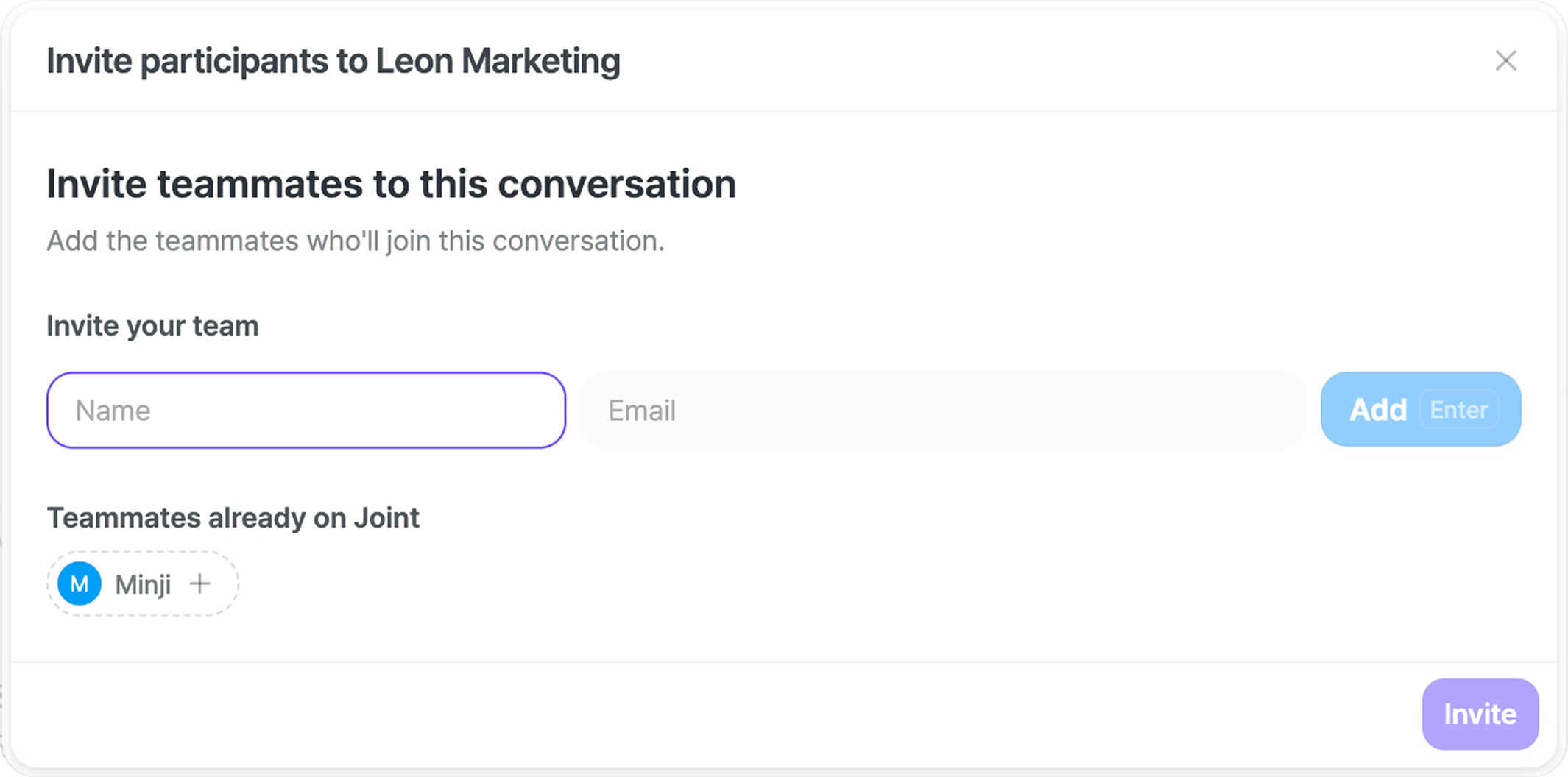 The invite dialog: add a name and email, then send the invitation.