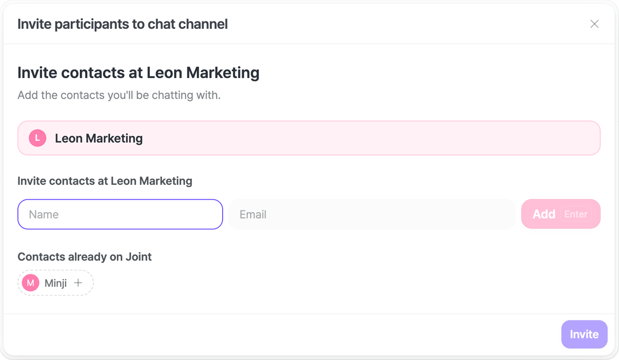 The invite dialog for an account: add a contact, then send the invitation.