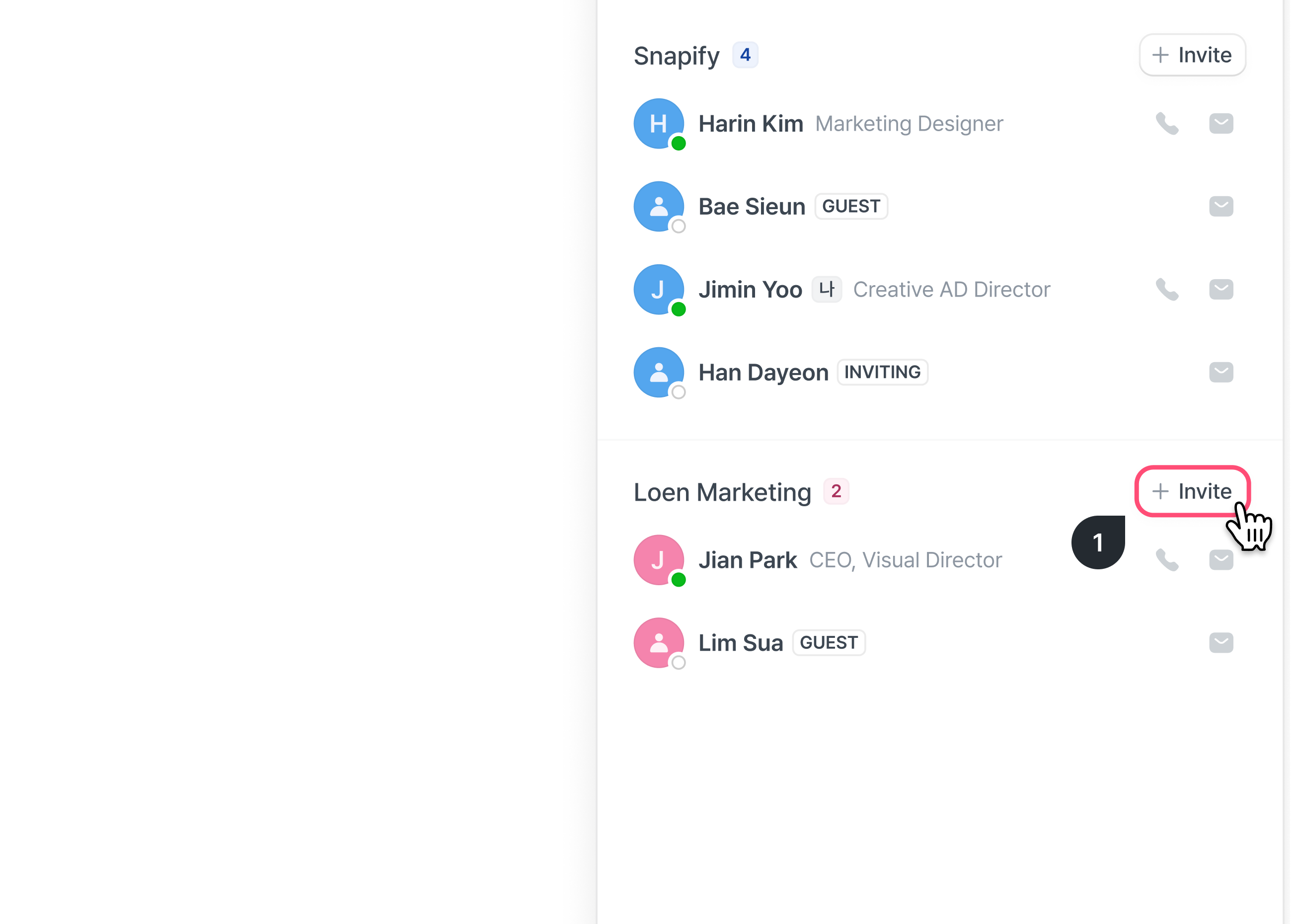 The channel info panel, with an invite button next to an account workspace name.