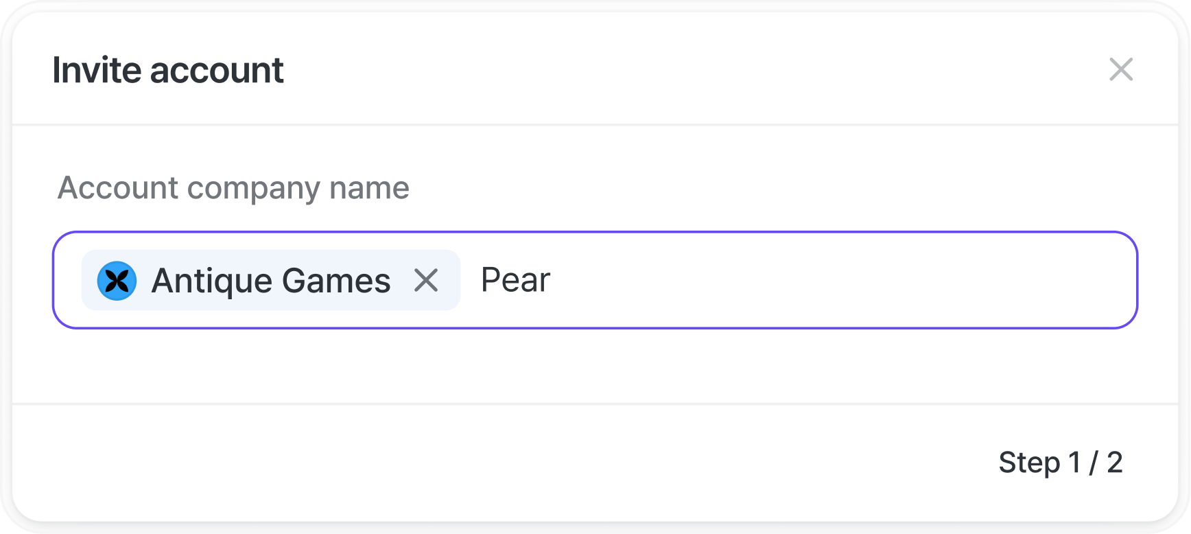 The account invitation dialog, with a field for entering the account name.