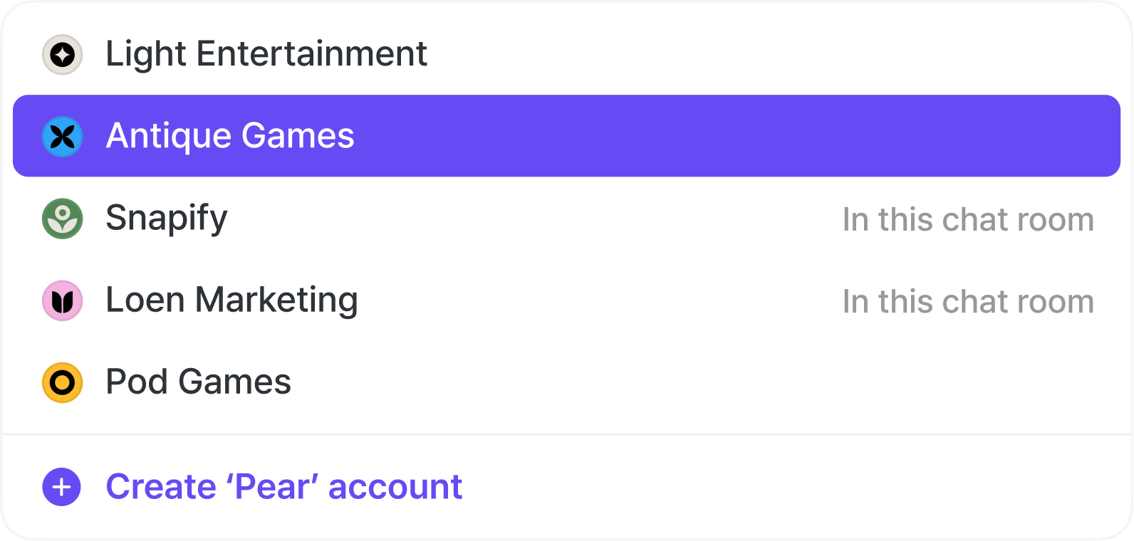 The list of accounts matching the name you typed.