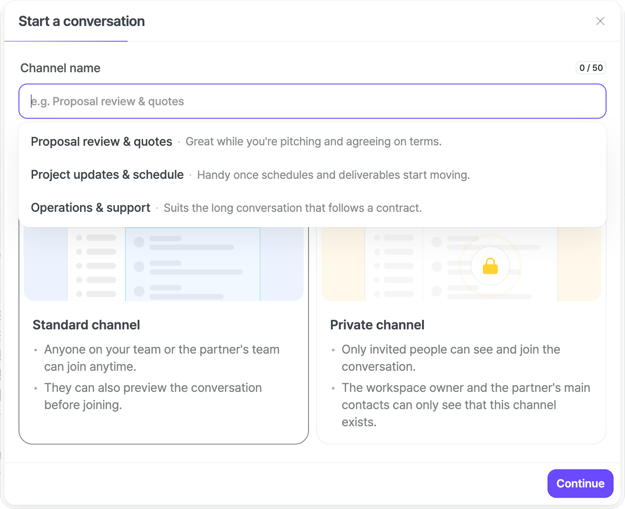 The new channel dialog: name the channel and choose public or private.