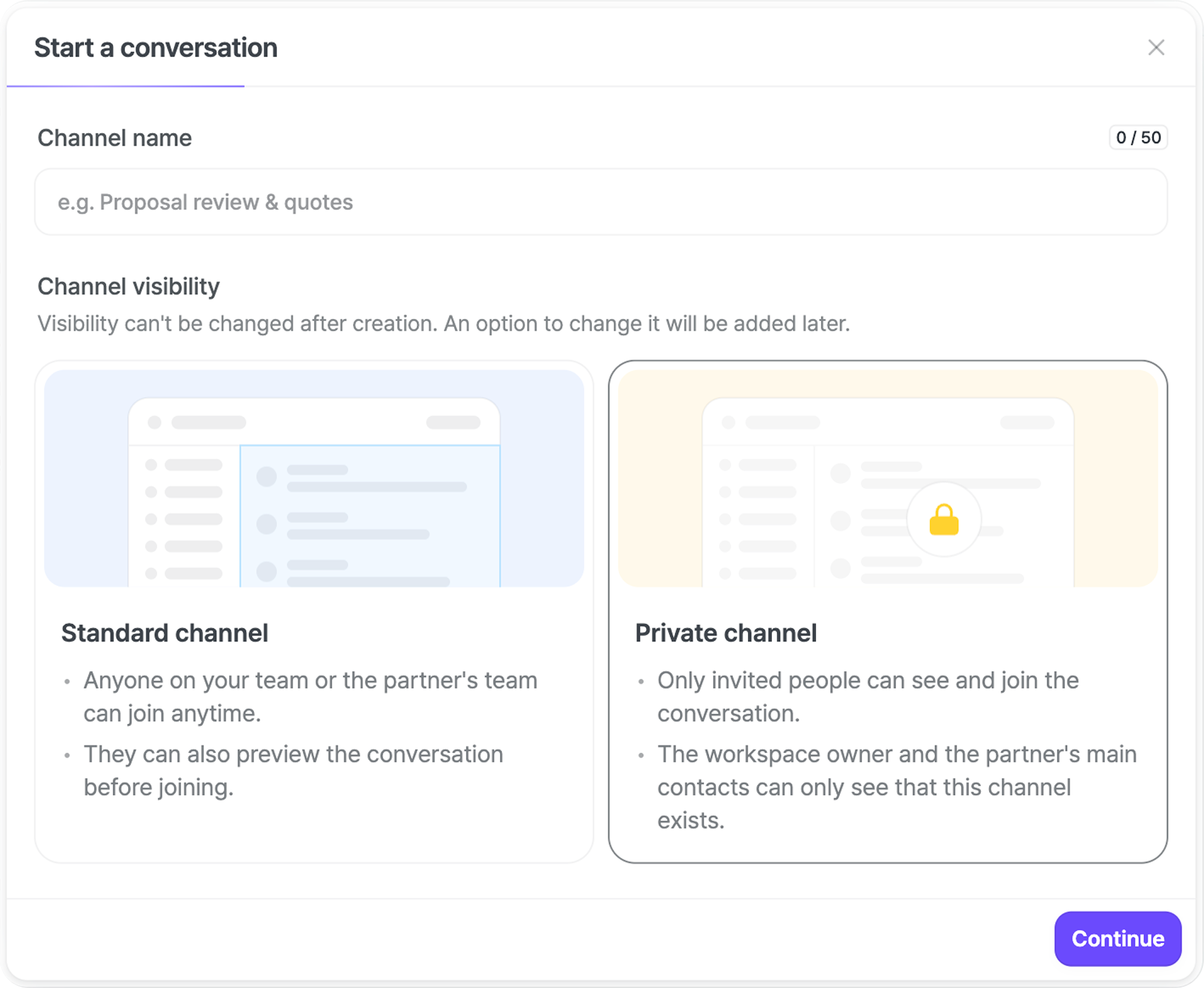 Choosing between a public and a private channel in the new channel dialog.