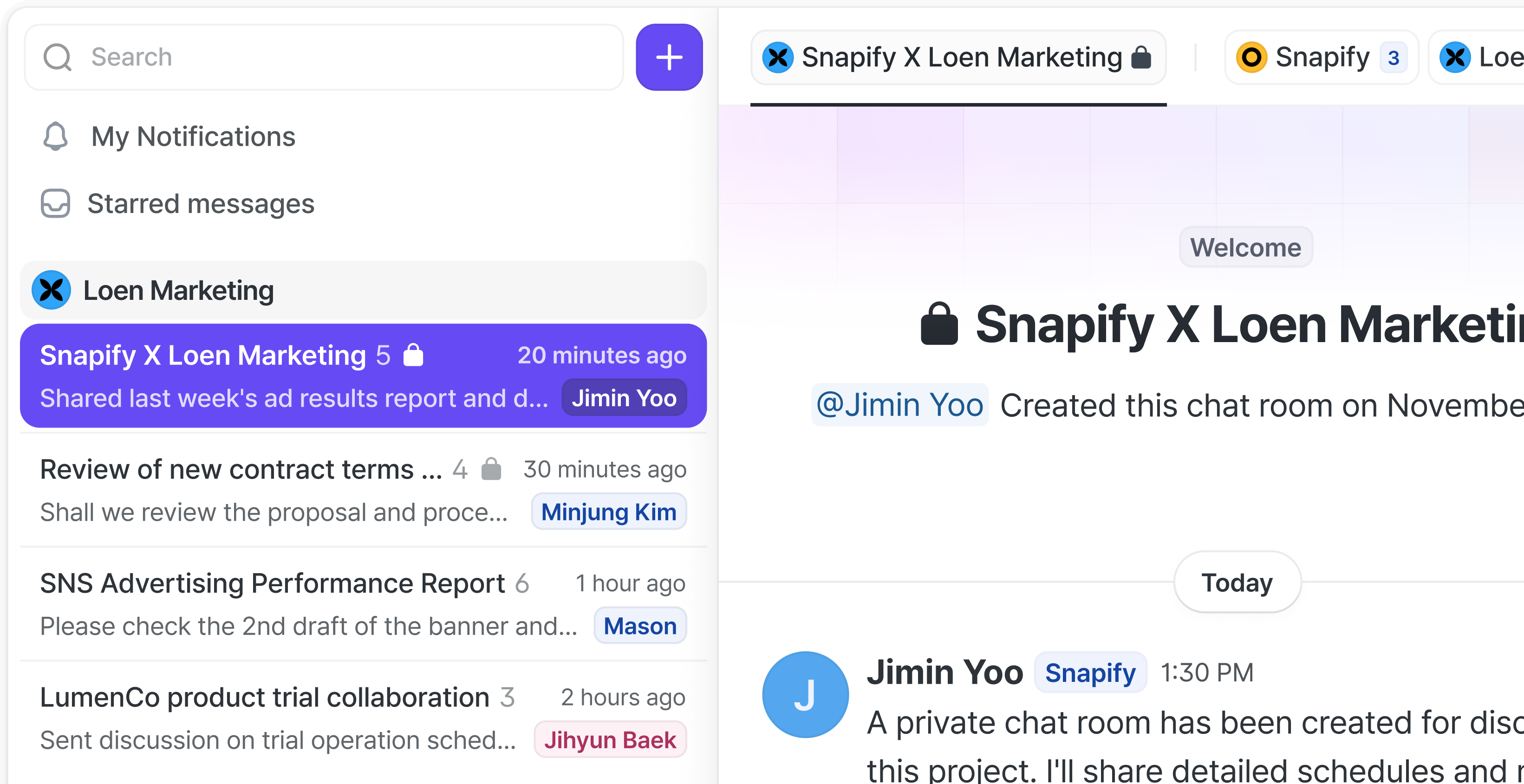 A private channel marked with a lock icon in the conversation list.