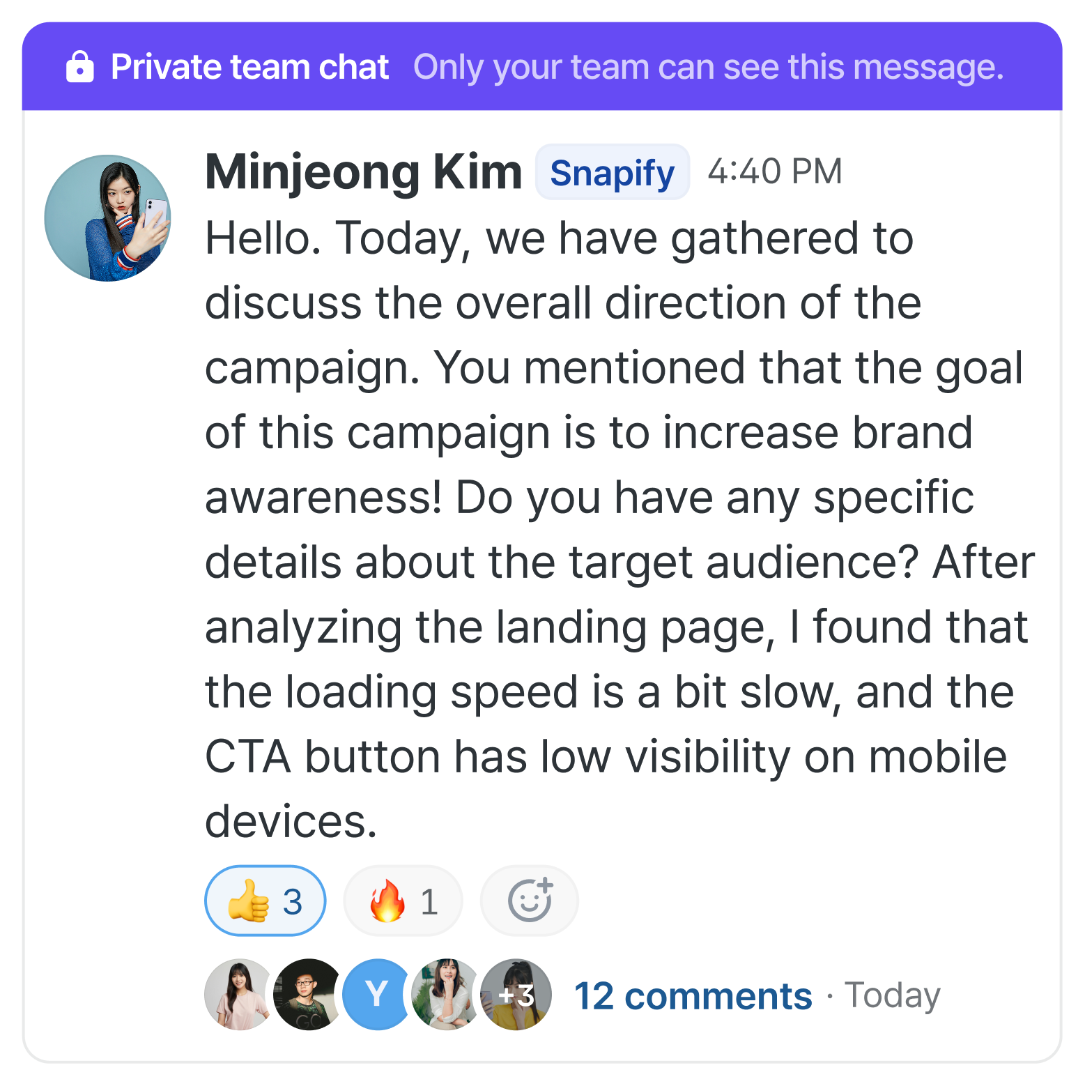 Messages exchanged in the private team chat.