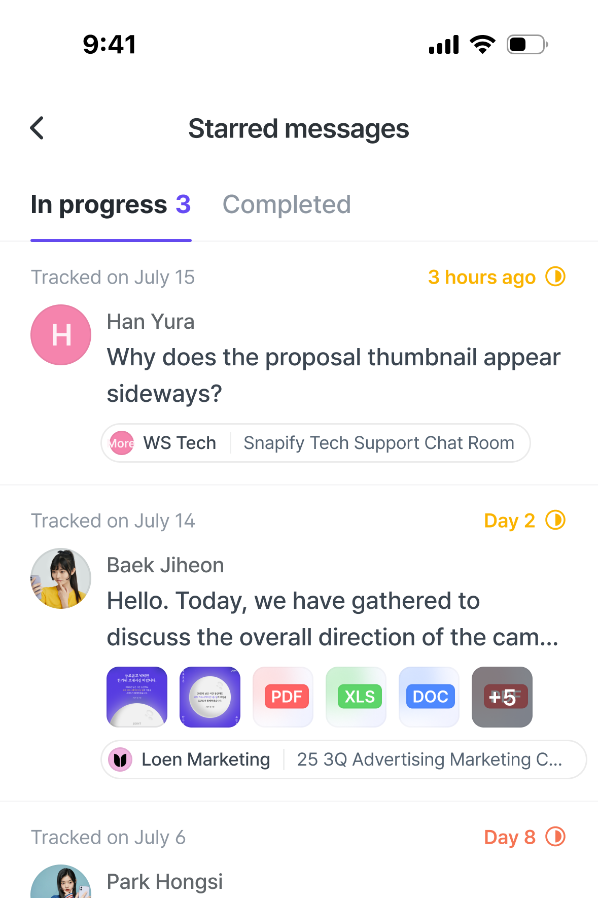 The In progress list in the Follow-ups menu.