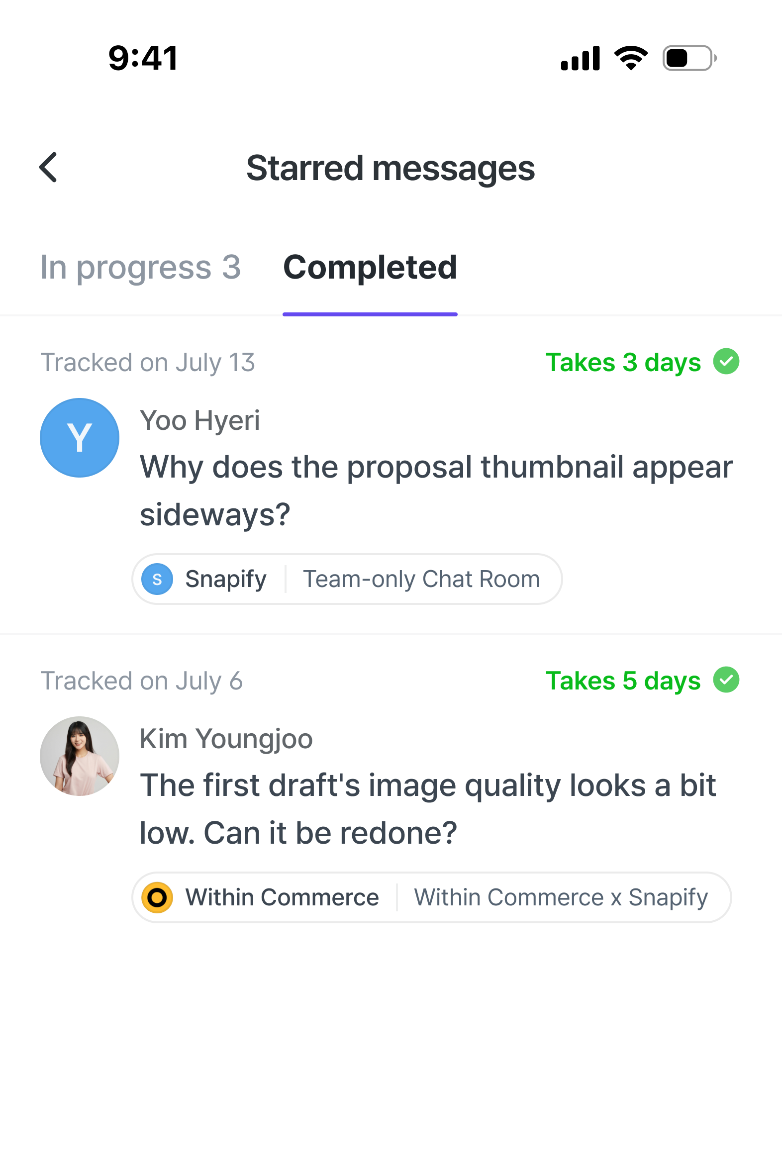 The Completed list in the Follow-ups menu.