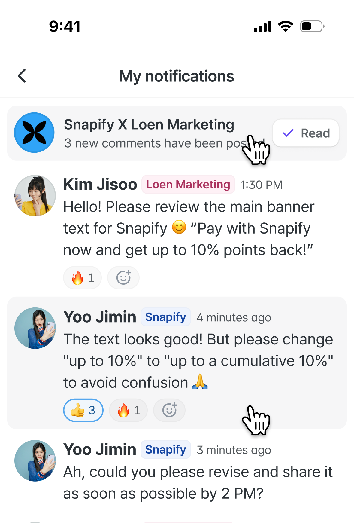 Checking channels and replies in the notifications list.