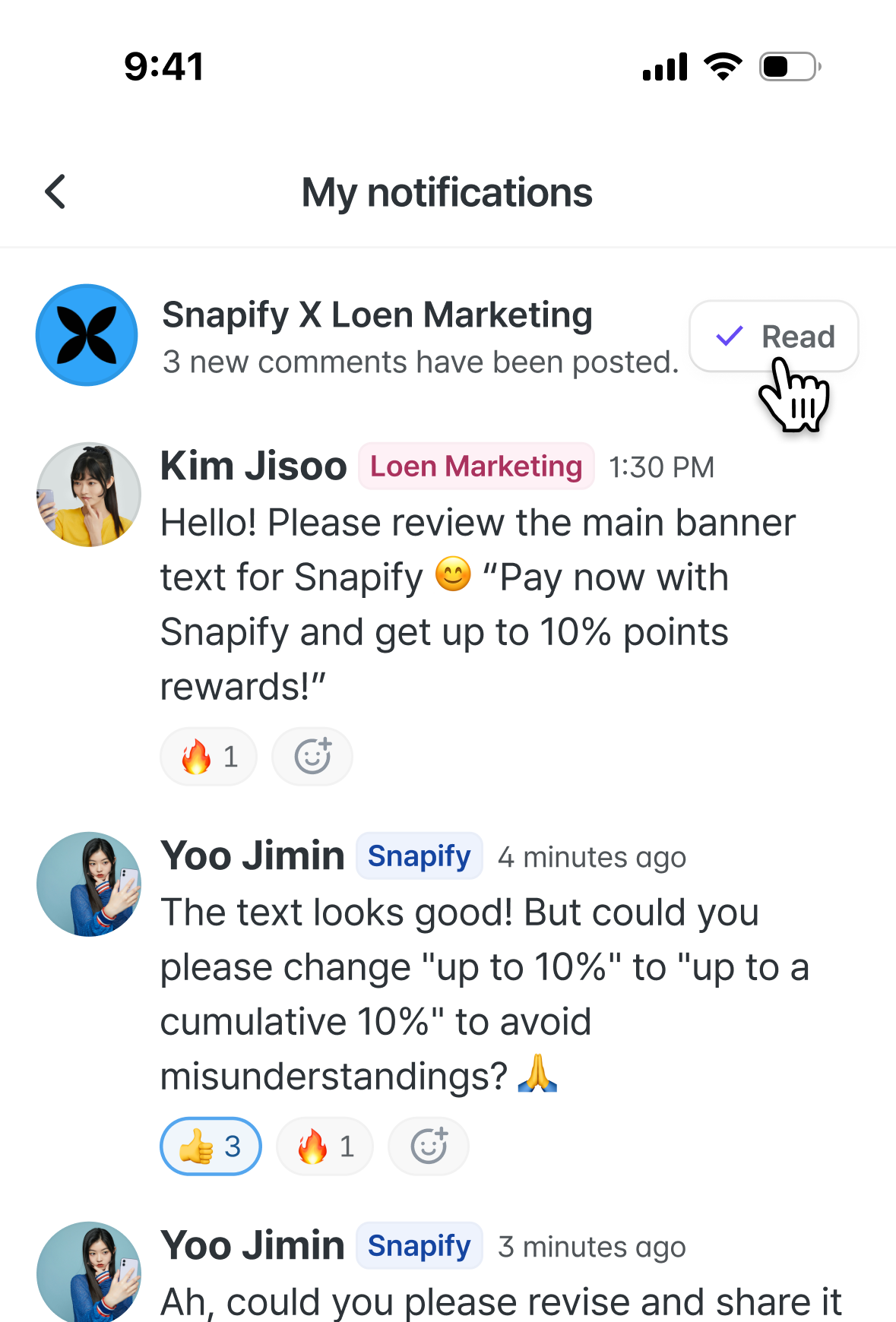 Marking a notification as read with the Mark read button.