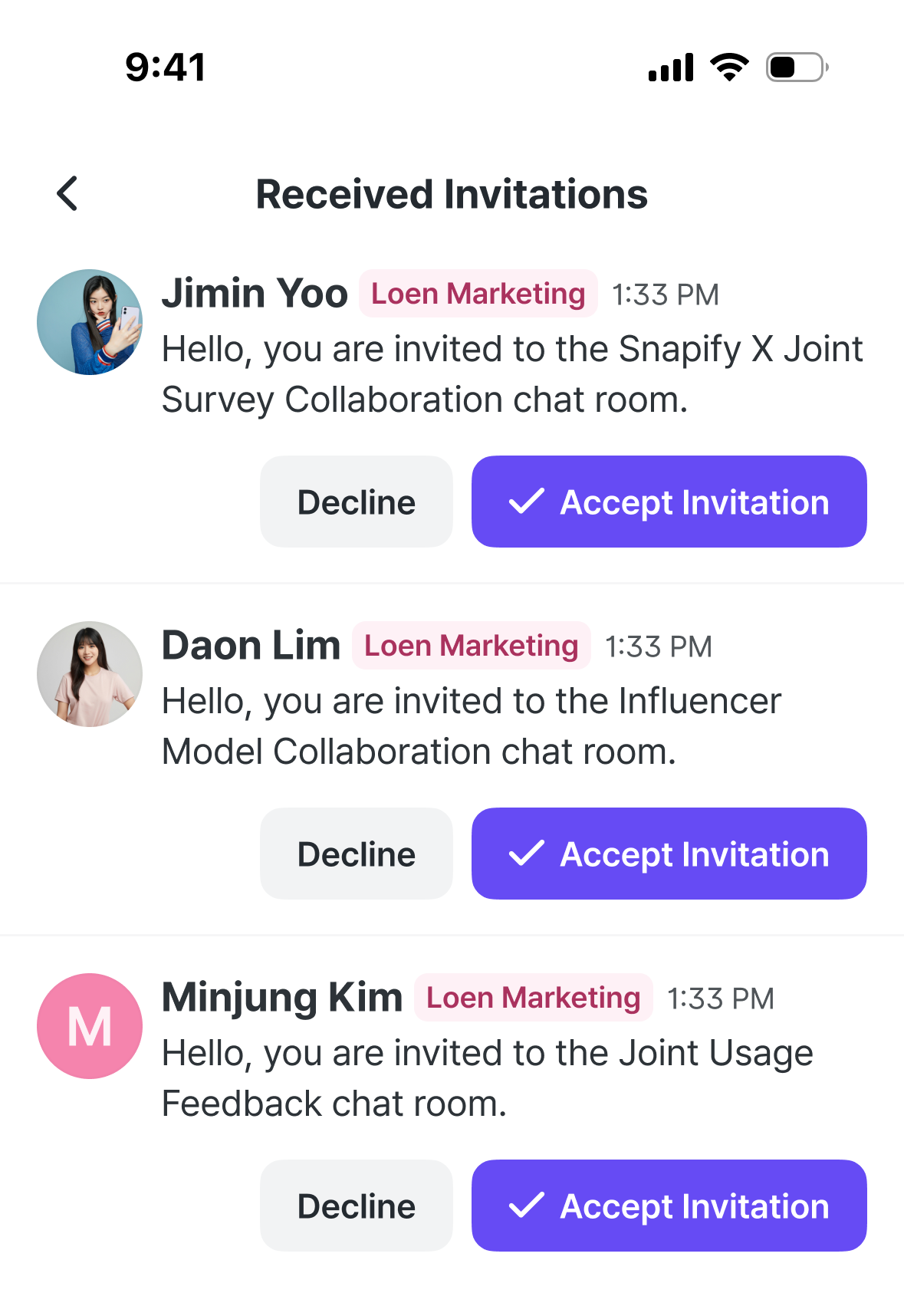 Accepting or declining from the received invitations list.