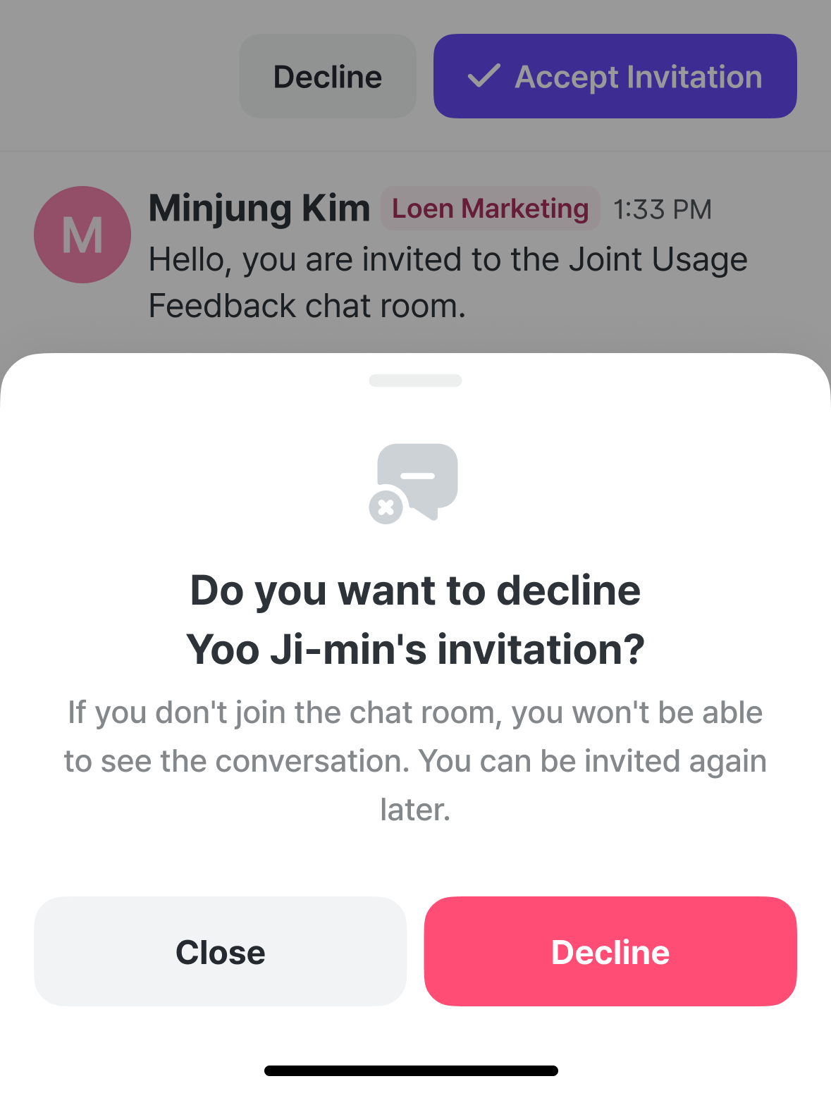 The confirmation asking whether to decline the invitation.