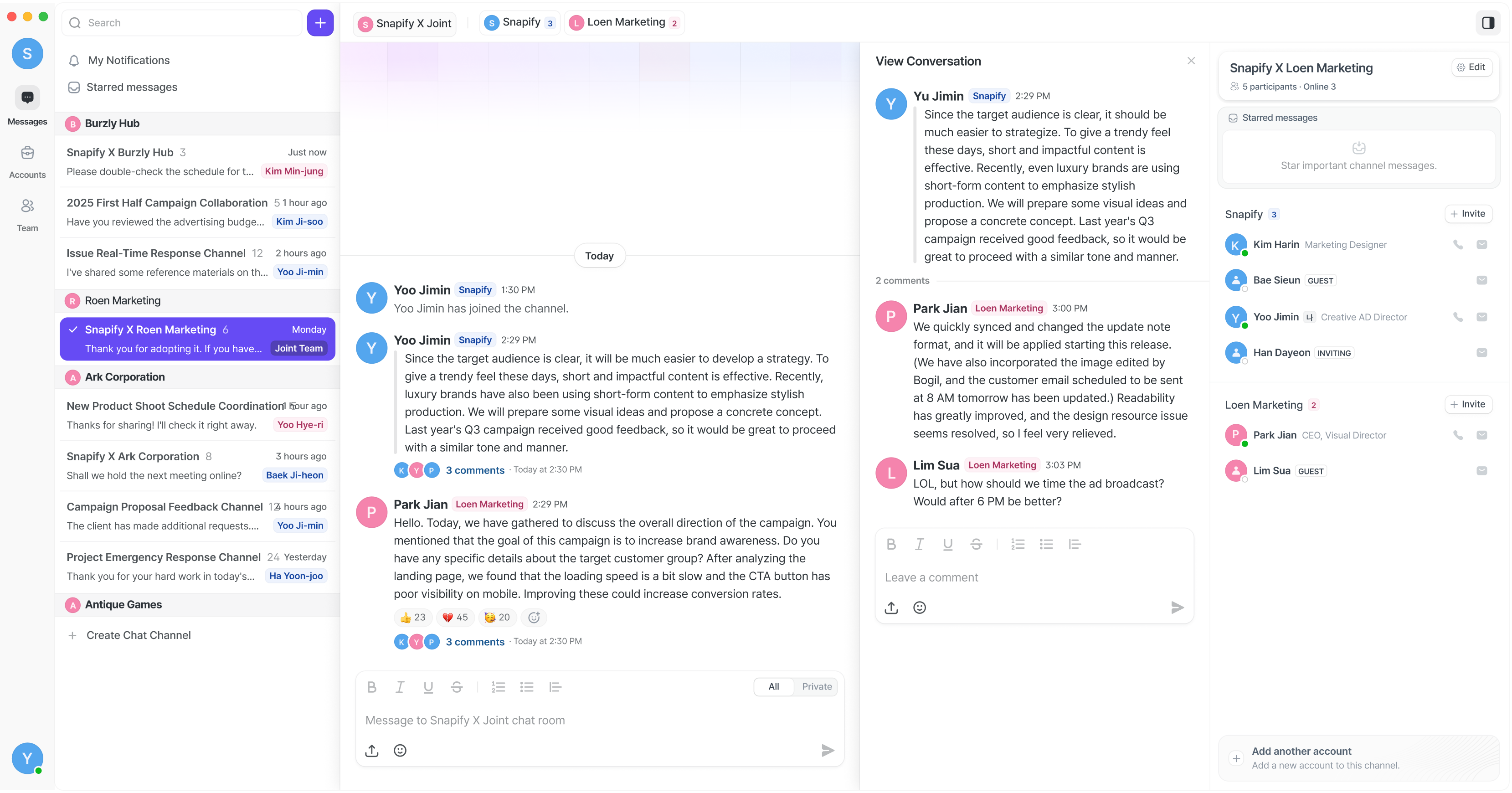 The conversation list on the left, with channels grouped by account.