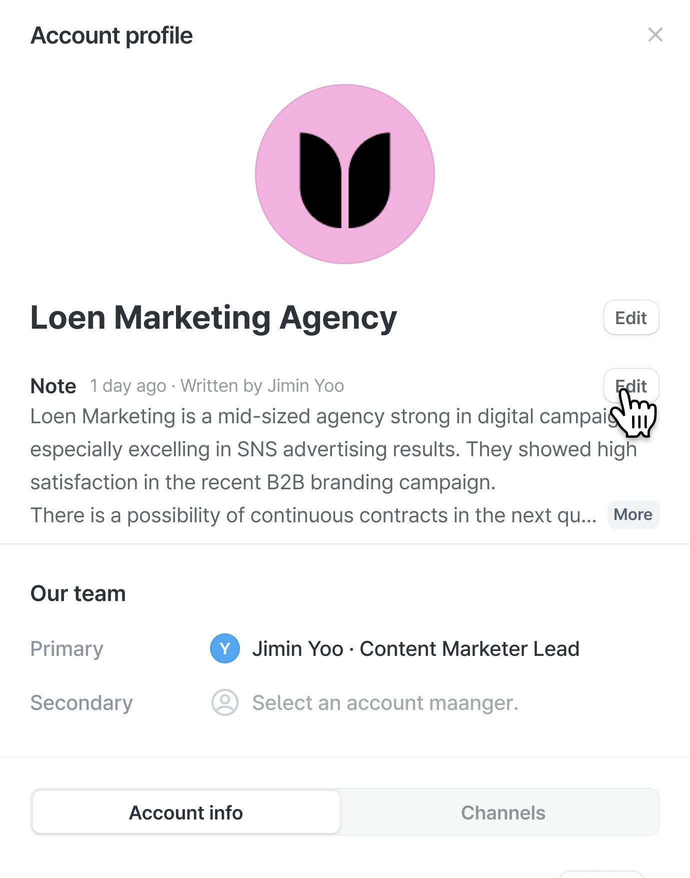 Editing the company name and notes on an account profile.