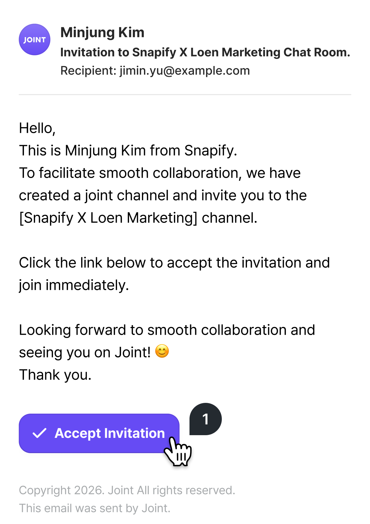 The Joint invitation email opened on a phone, with an Accept Invitation button below the message.