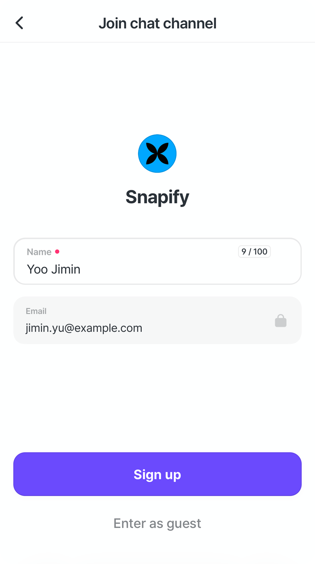 The join screen on mobile: enter your name, then tap Sign up.