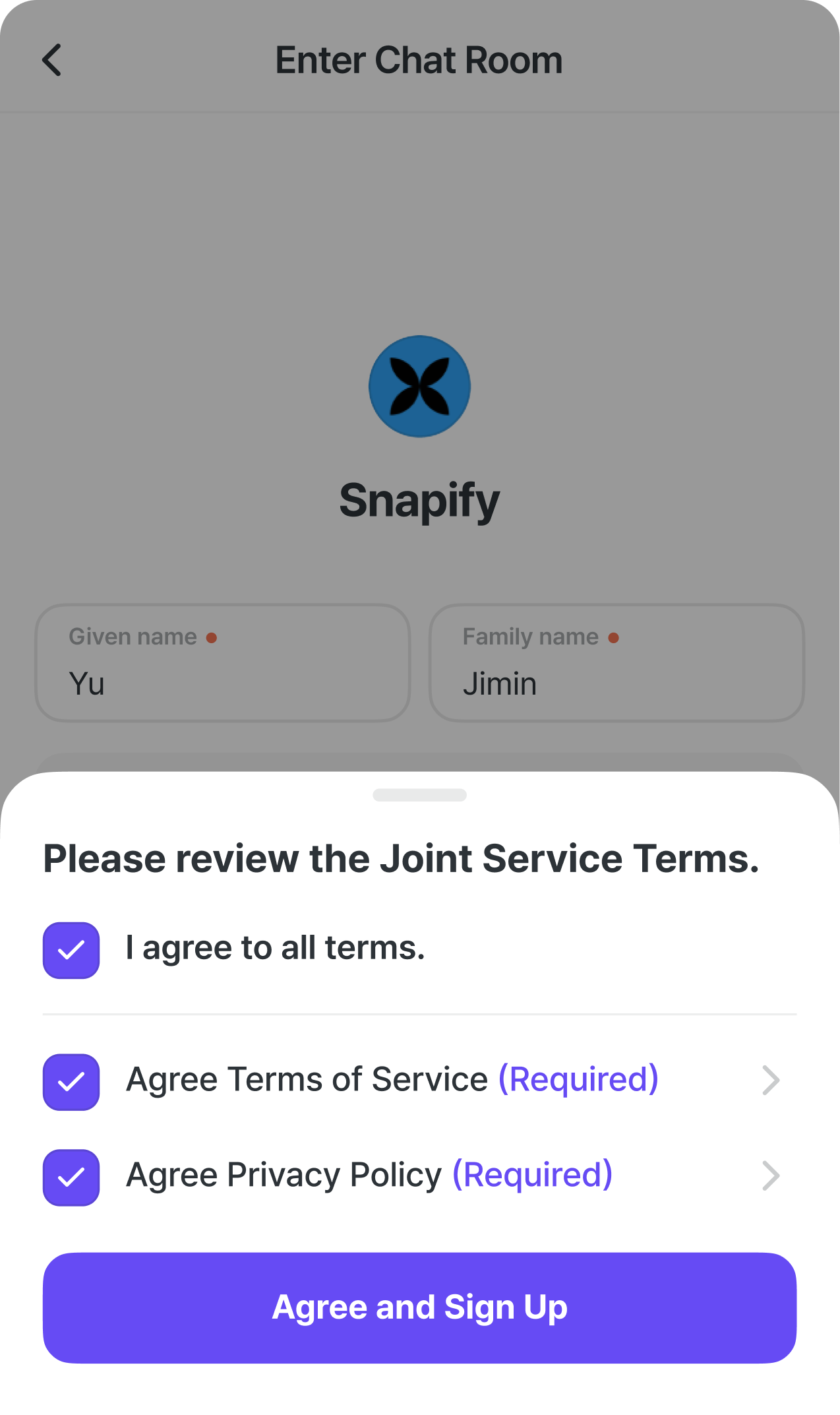 The consent screen: agree to all terms, then tap Agree and sign up.