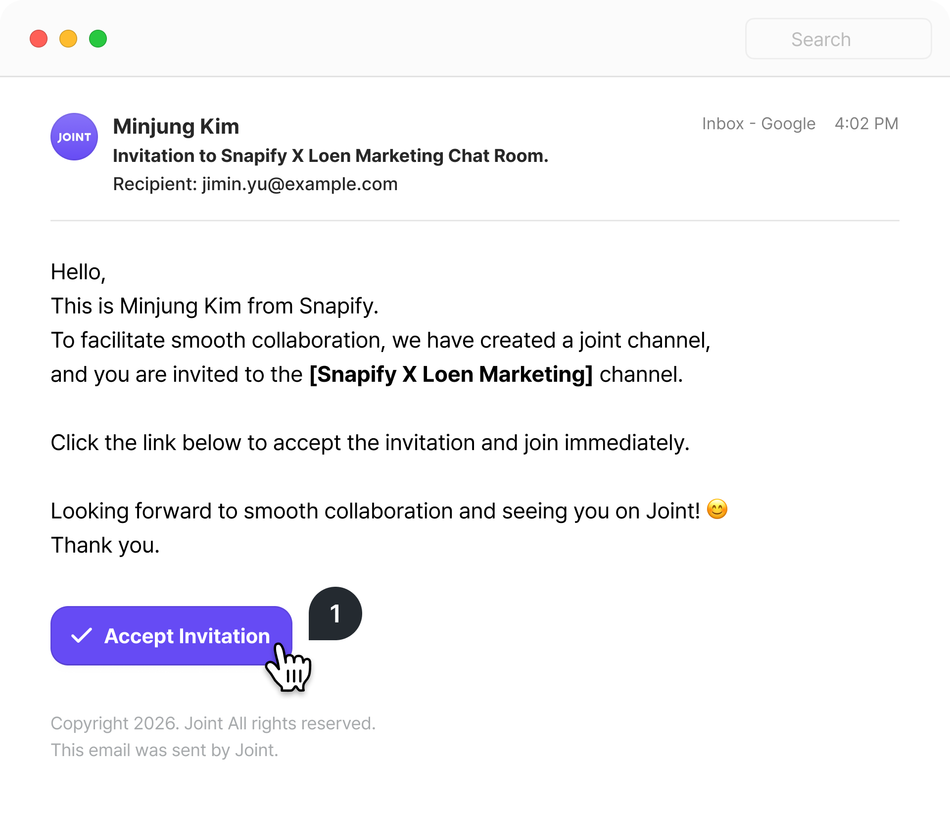 The Joint invitation email, with an Accept Invitation button below the message.