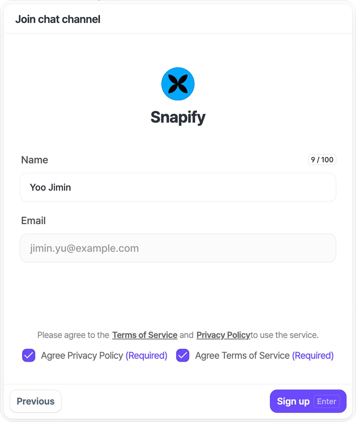 The join screen: agree to the terms, then choose Sign up.