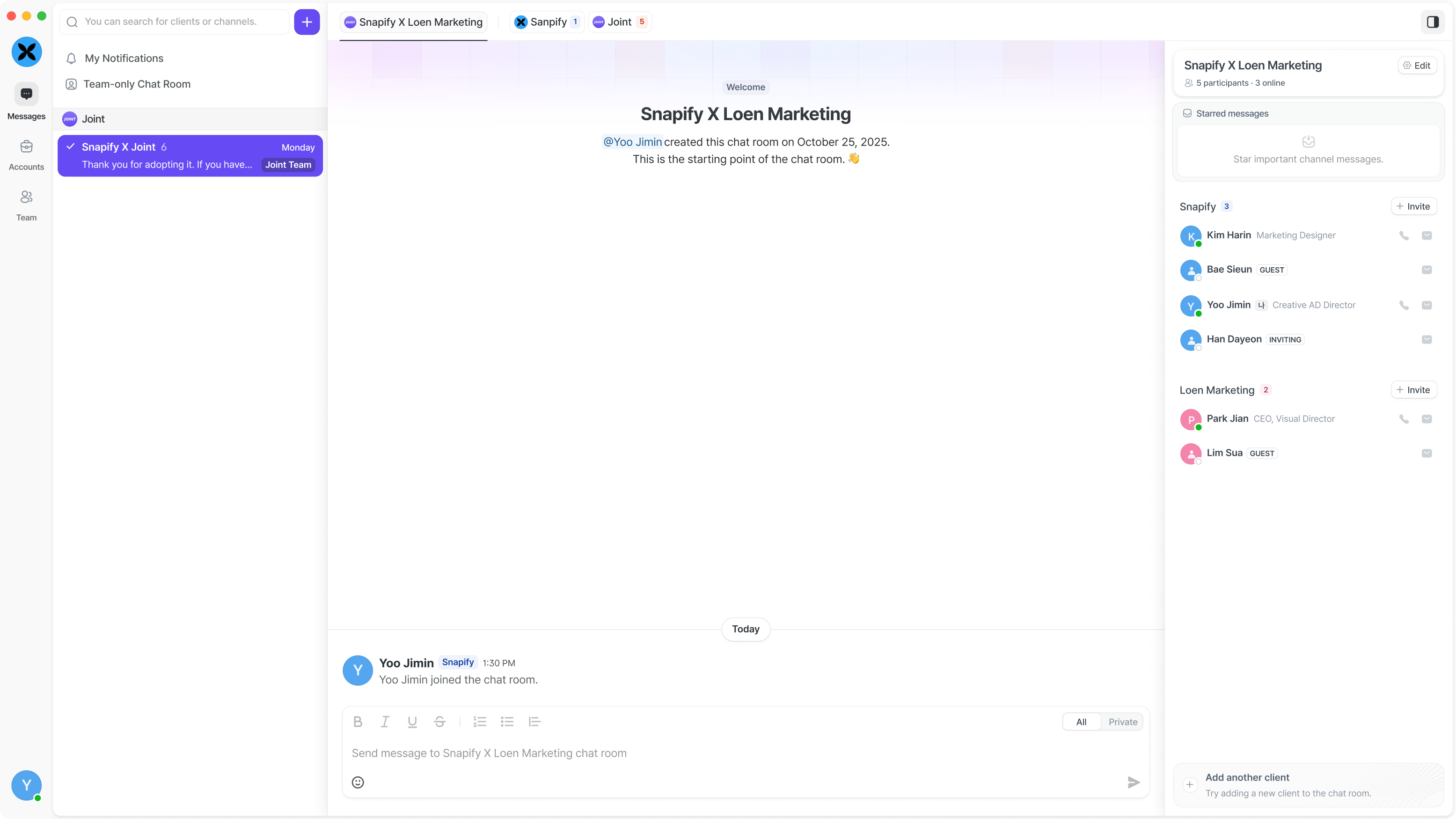 Inside the channel you were invited to: the channel list on the left, the conversation in the middle, and the member list on the right.