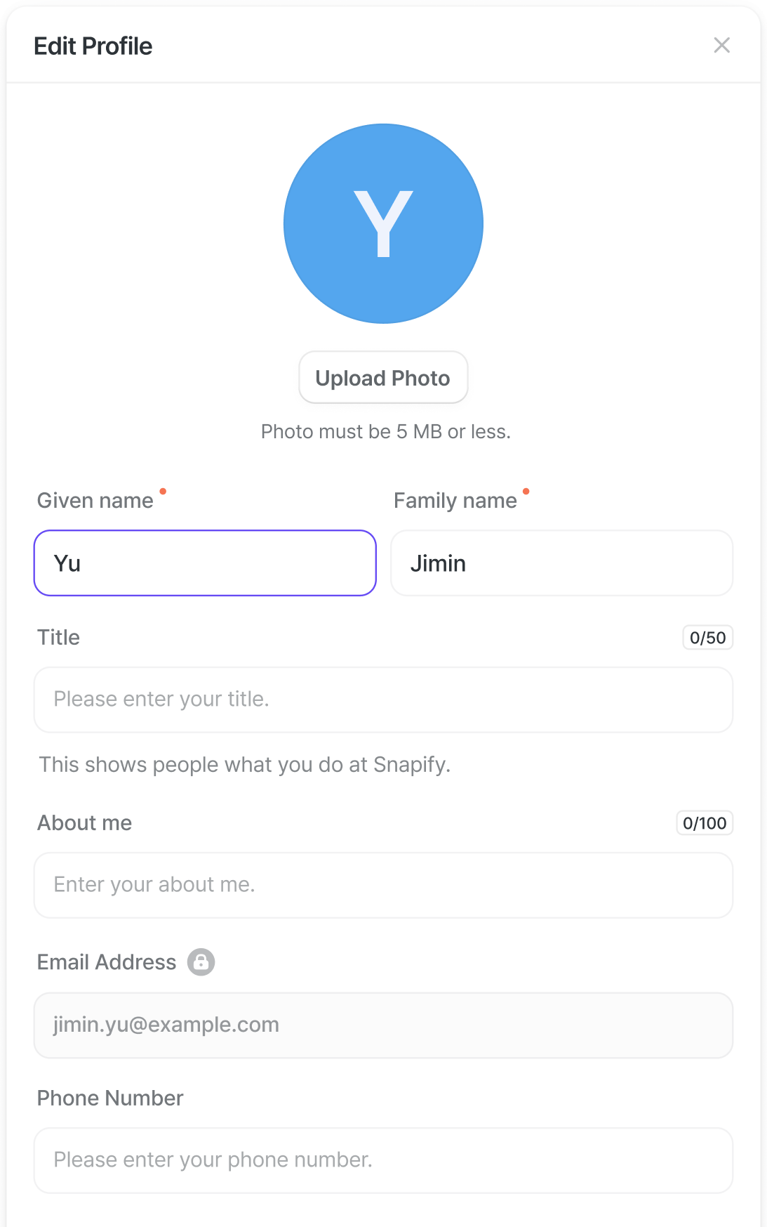 The My Profile edit screen.