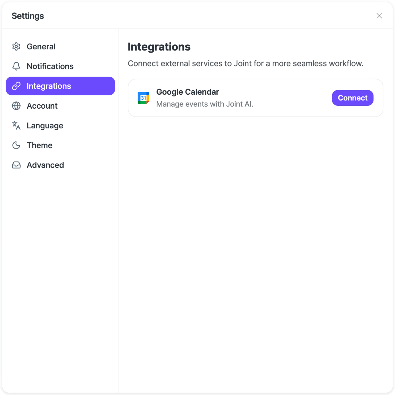 Integrations in the Settings window.