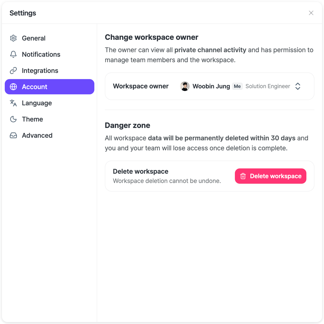 Account settings in the Settings window.