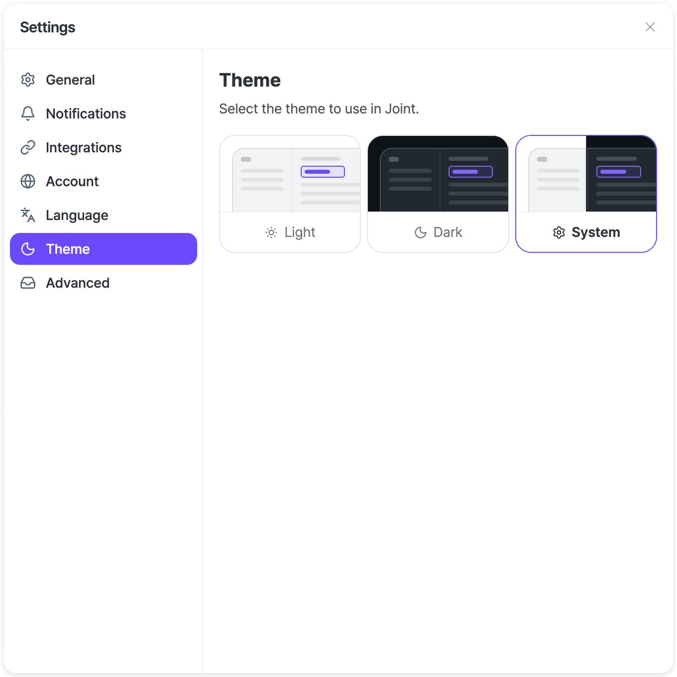 Theme settings in the Settings window.