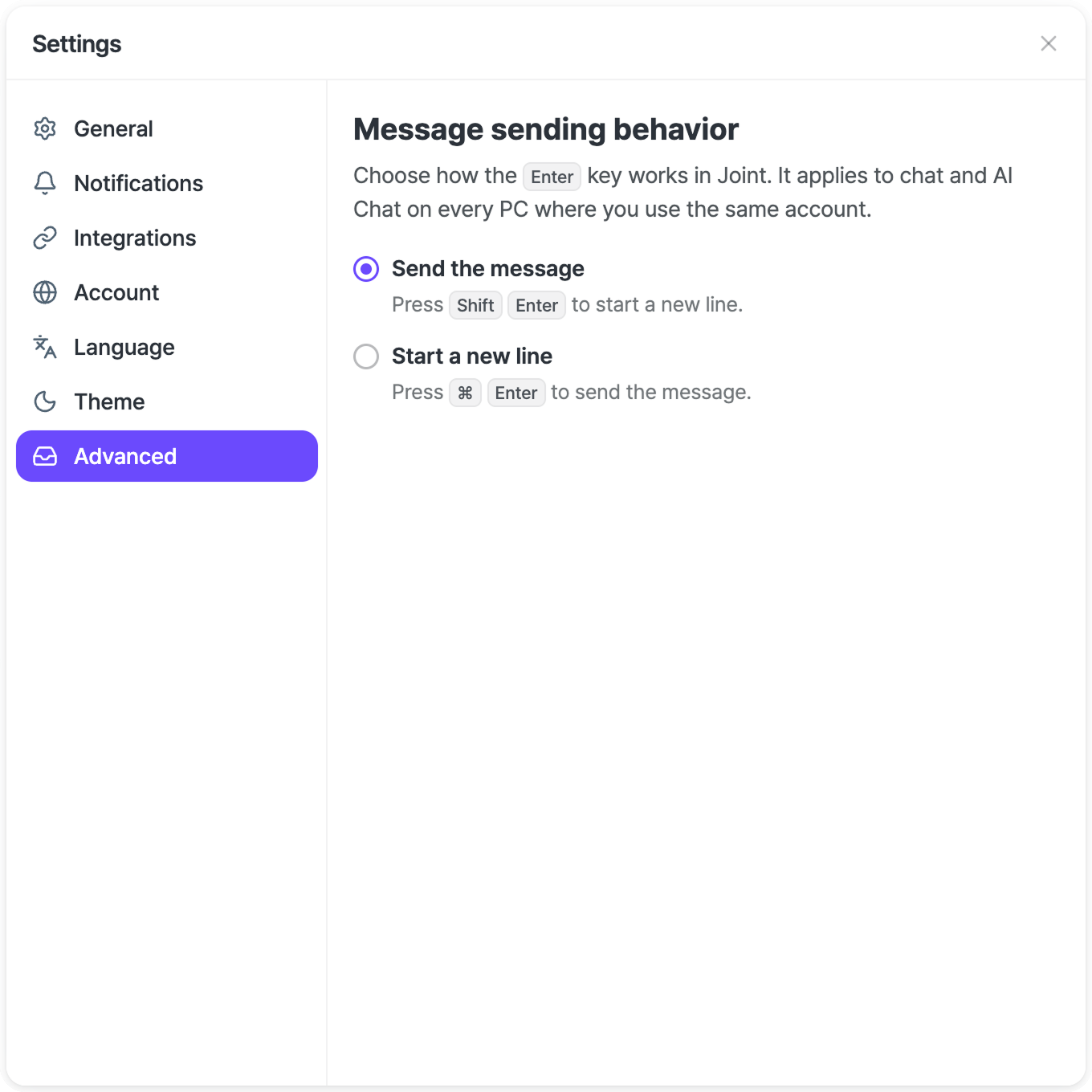 Advanced settings in the Settings window.