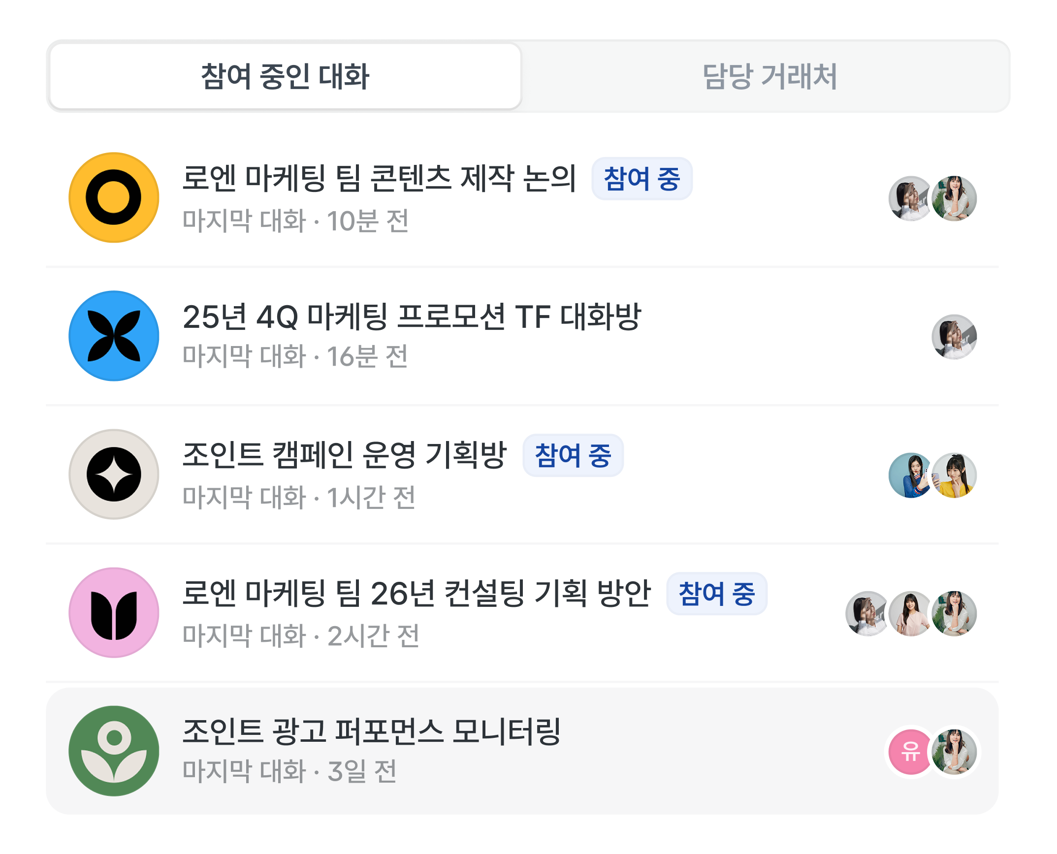 팀원이 참여 중인 대화방 목록.