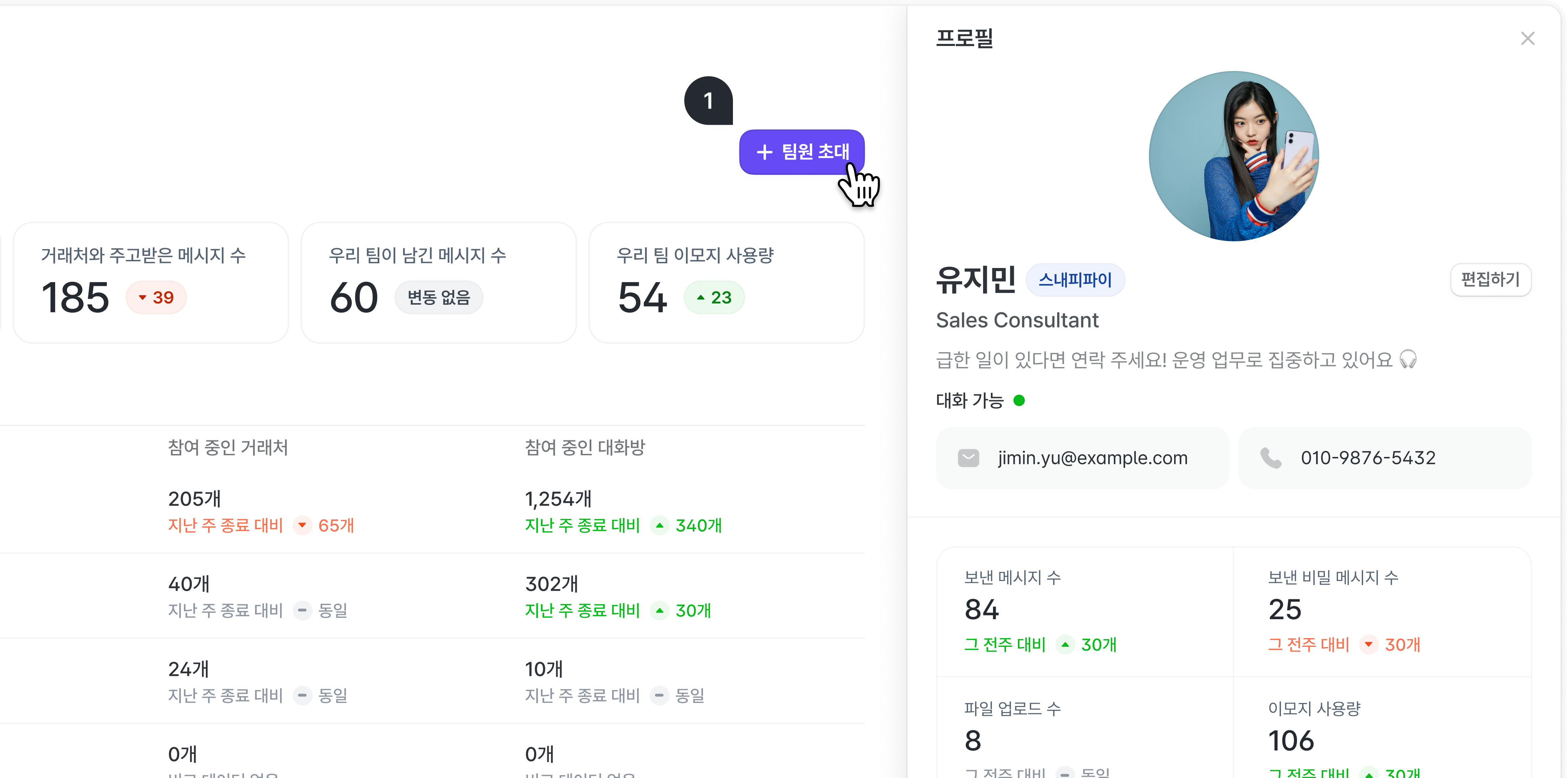 팀원 초대 버튼을 누르는 화면.